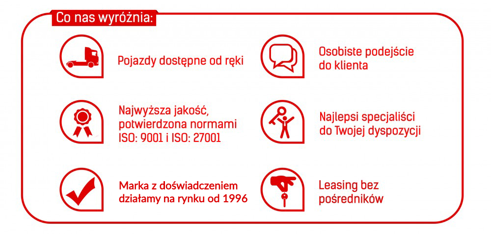 Co nas wyróżnia? Pojazdy dostępne od ręki, Najwyższa jakość potwierdzona normami ISO, Marka z doświadczeniem - działamy na rynku od 1996 roku, Osobiste podejście do klienta, Najlepsi specjaliści dostępni do Twojej dyspozycji, Leasing bez pośredników